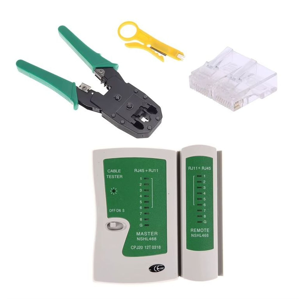 Probador de Cables Testeador + Crimpeador Ponchador + 12 RJ45 CAT5 CAT5e Conectores