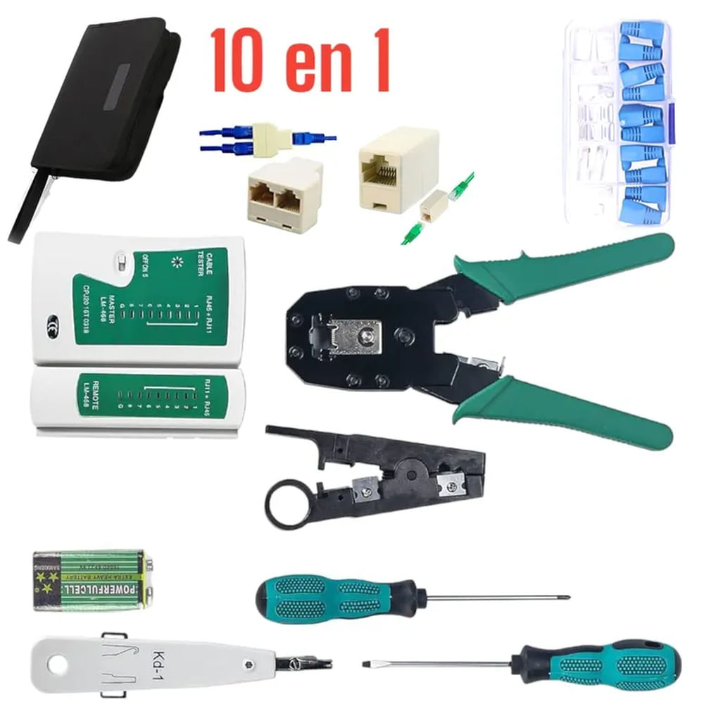 Kit Redes 10en1 Crimpeador Ponchador con Testeador y Batería