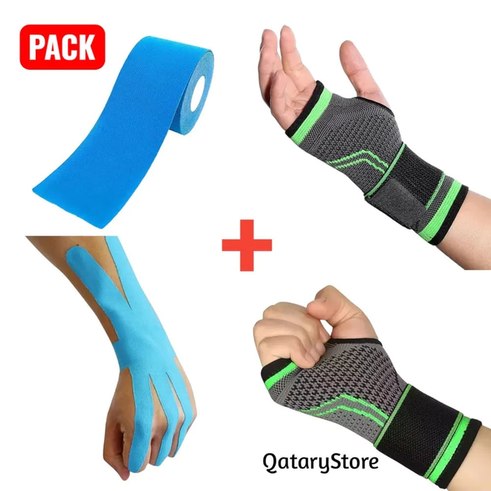 Pack Muñequera Ajustable y Cinta Kinesiologica 5cmx5m FisioTerapia