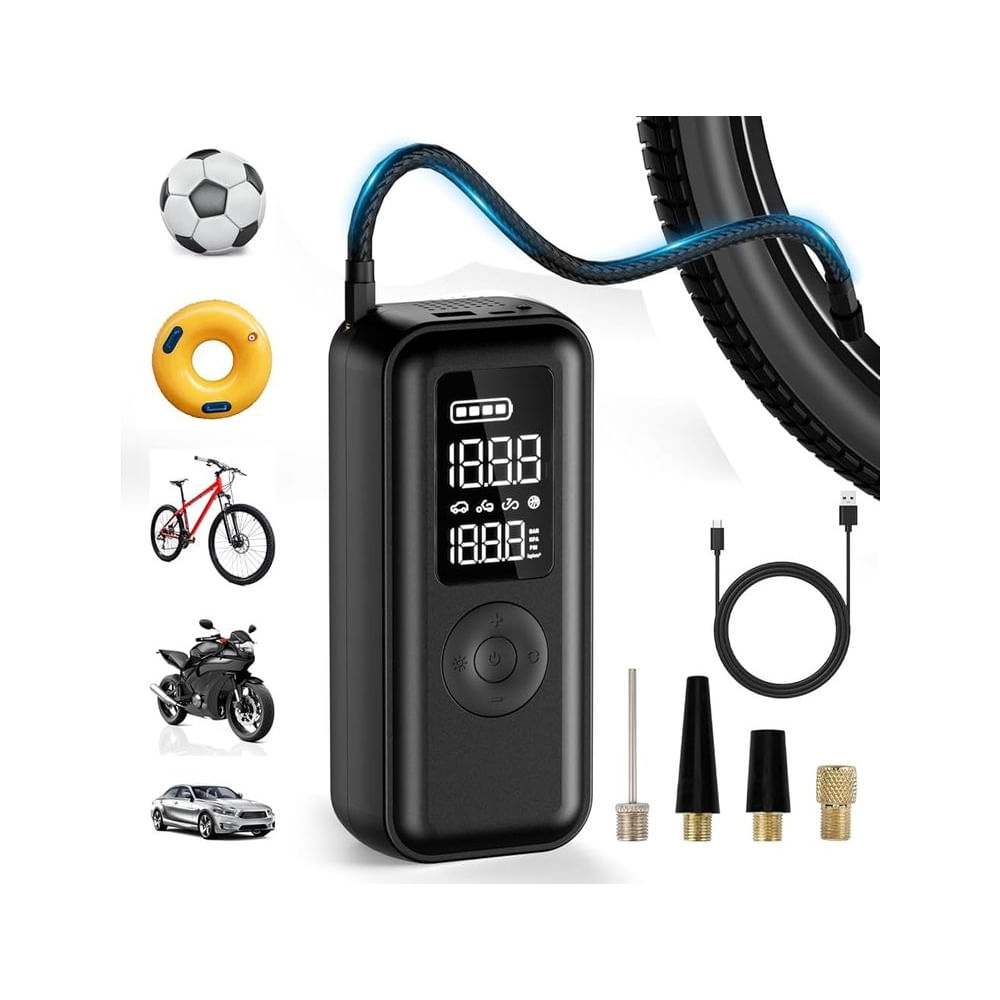 Inflador de Neumáticos Portátil con Pantalla LCD - Compresor Inteligente Recargable USB 4 en 1