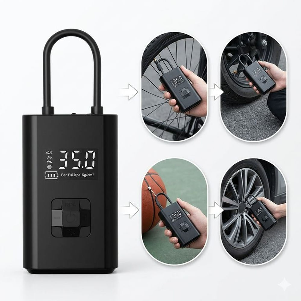 Bomba de Aire Portátil Digital con Parada Automática - Ideal para Autos, Motos y Bicicletas Multicolor