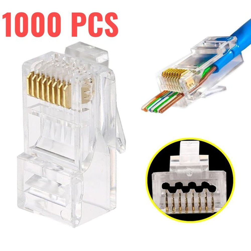 Pack 1000 Terminales RJ45 para Cable de Red Ethernet - Conector UTP con Contactos de Oro Multicolor