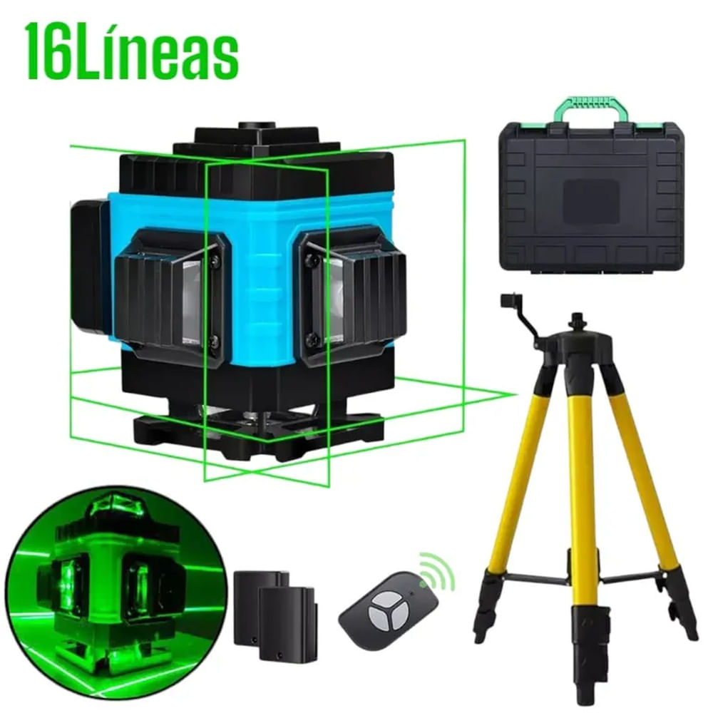 Nivel Láser Verde 4D 16Líneas 360° Autonivelación 2Baterias Y Tripode Multicolor