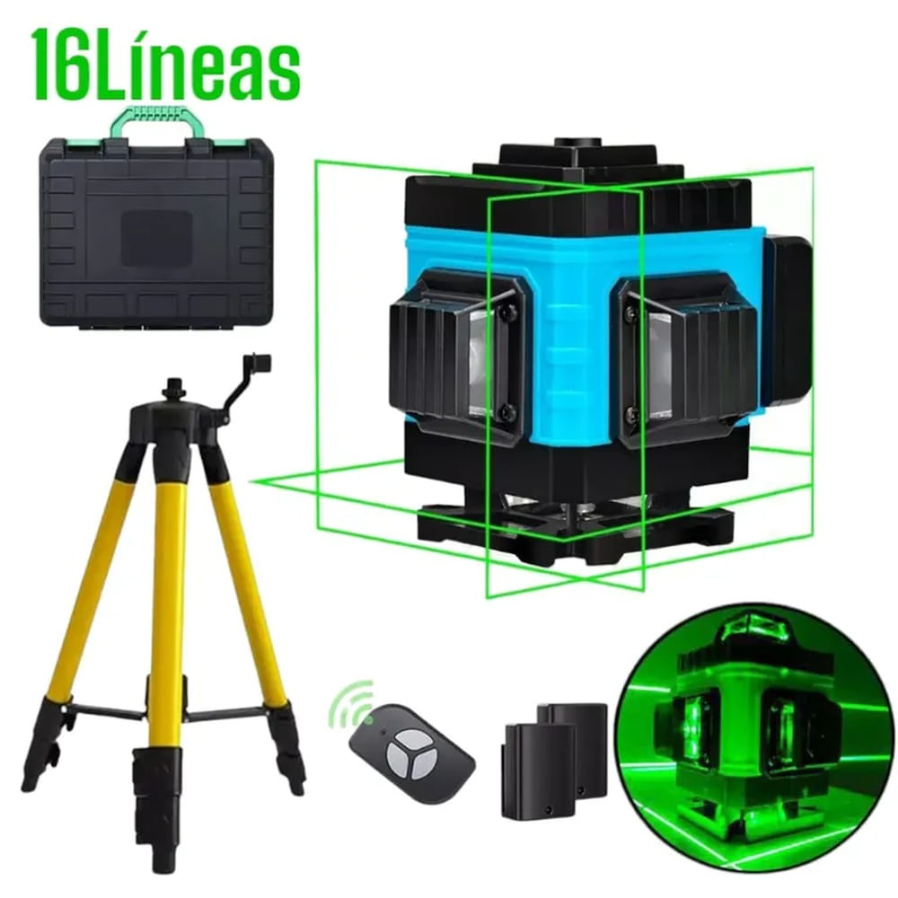 Kit Nivel Láser Verde 16 Líneas 4D: 360 Grados Autonivelante + 2 Baterías de Larga Duración Multicolor