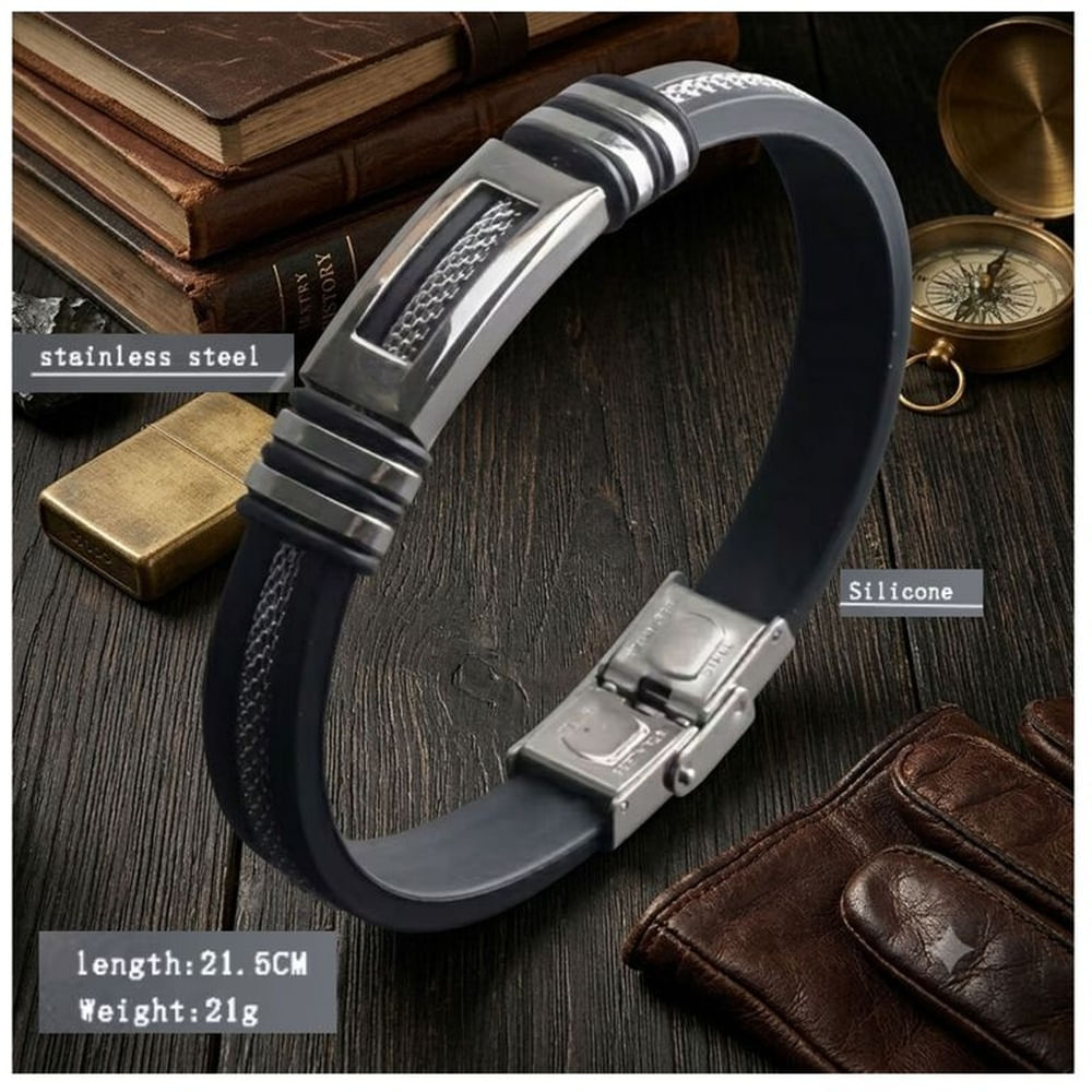 Pulsera de brazalete de acero inoxidable y cuero genuino