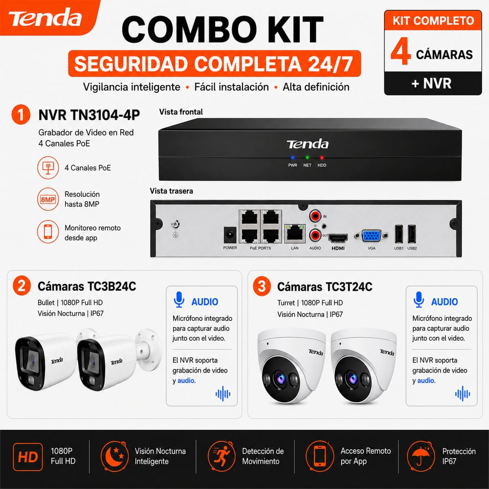 Kit Tenda 4 Cámaras 4MP NVR PoE Visión Nocturna Color 4K App Celular