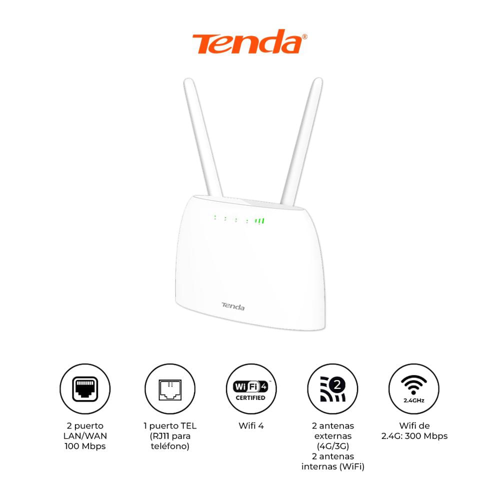 Router Wi-Fi 4G LTE Tenda 4G06 N300 con VoLTE, RJ1