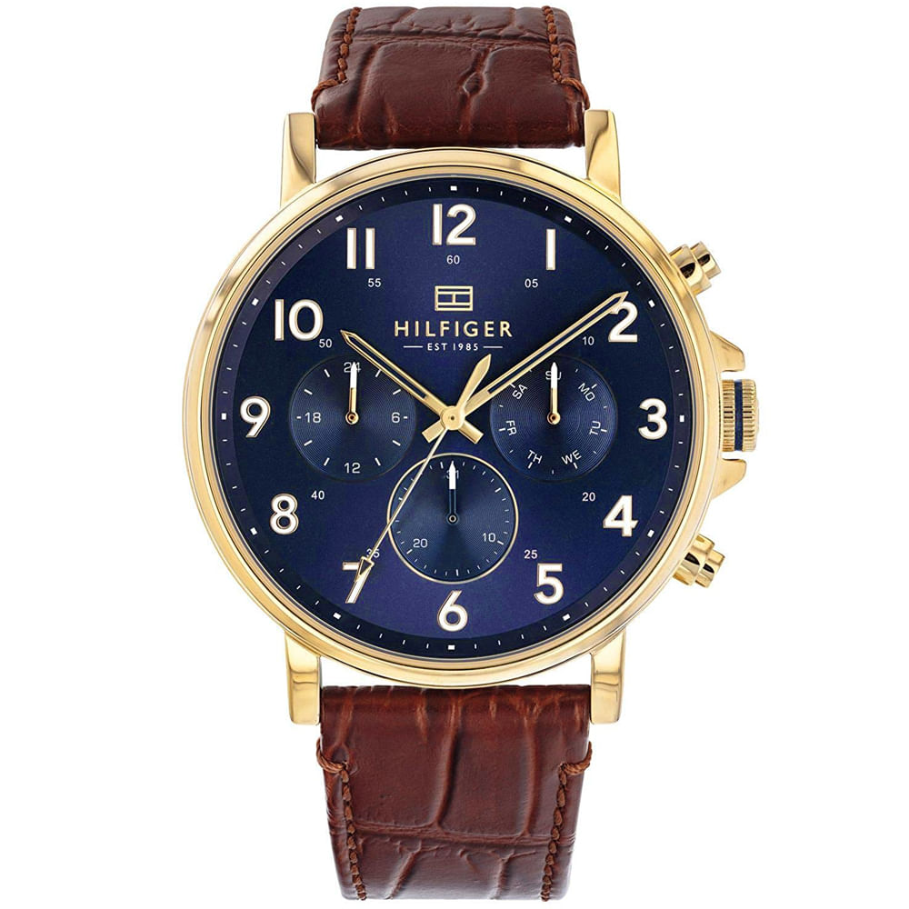 Reloj Hombre Tommy Hilfiger Daniel 1710380 Multifuncional Acero Dorado Cuero Marron Dial Azul