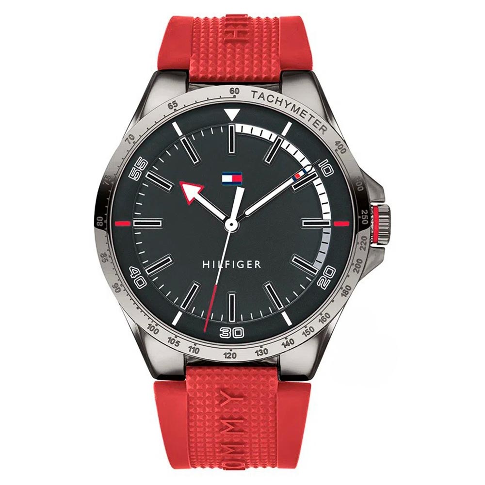 Reloj Tommy Hilfiger Riverside 1791527 Acero Inoxidable Gunmetal Correa Silicona Rojo