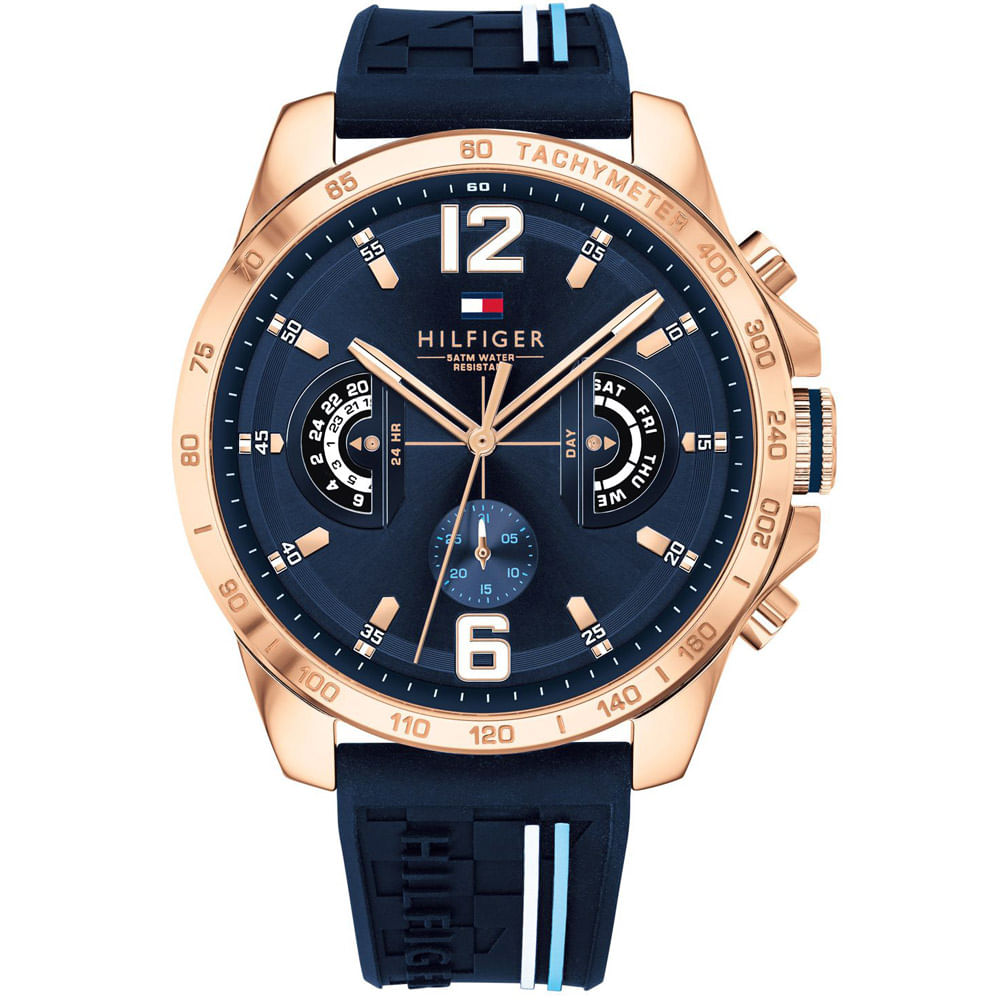 Reloj Tommy Hilfiger Decker 1791474 Multifuncional Acero Inoxidable Oro Rosado Correa Silicona Azul