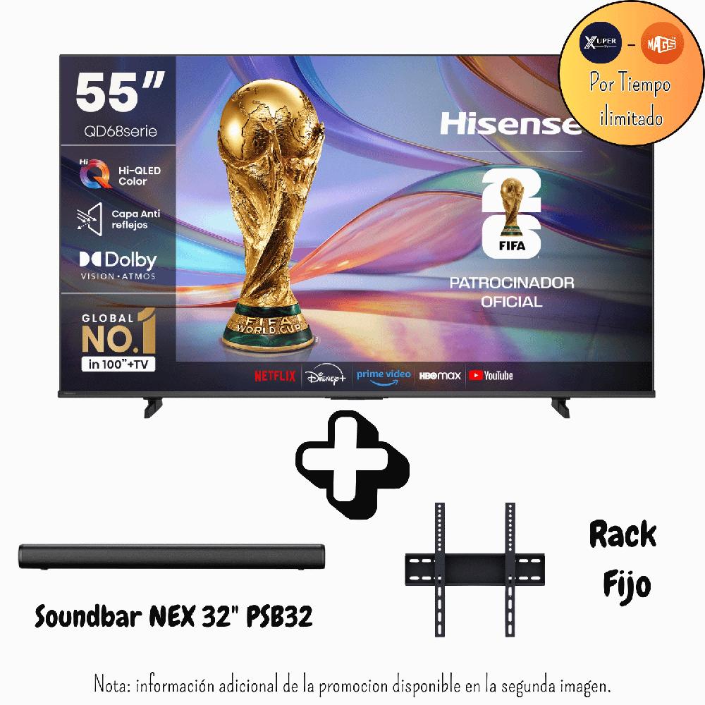 Televisor Hisense 55 Pulgadas QLED Antirreflejo Google TV  55QD68SG Promoción Soundbar Nex Rack
