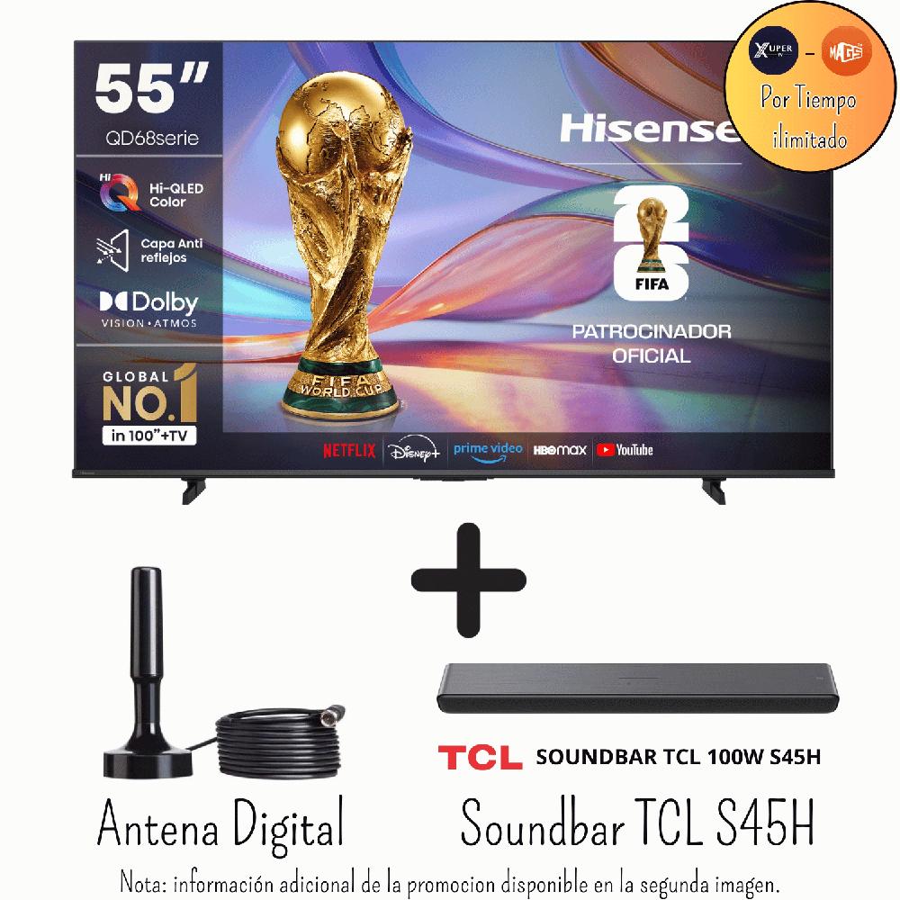 Televisor Hisense 55 Pulgadas QLED Antirreflejo 55QD68SG Promoción Soundbar TCL Antena