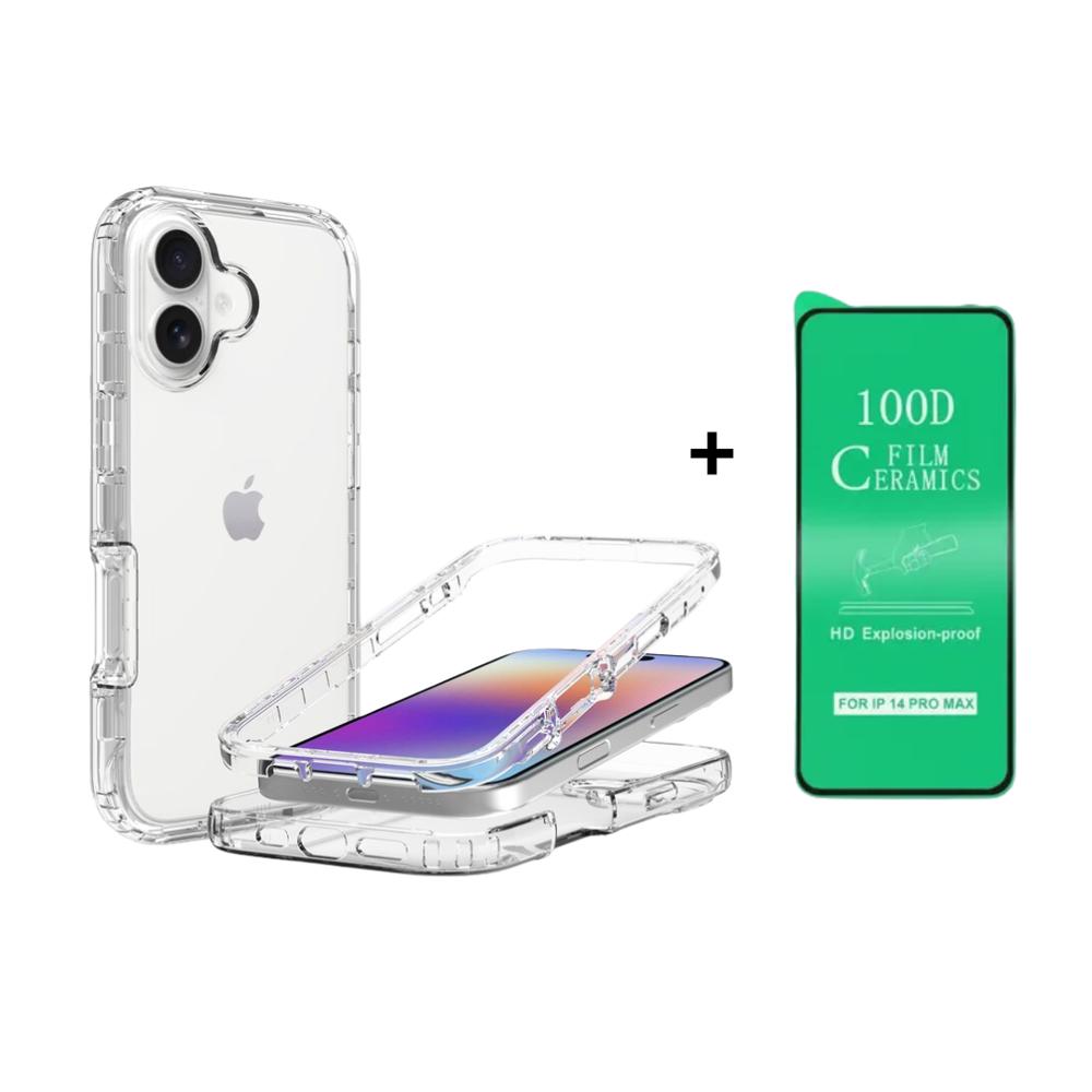 FUNDA CASE 3EN1 TRANSPARENTE PARA IPHONE 13 14 MAS PROTECTOR DE PANTALLA