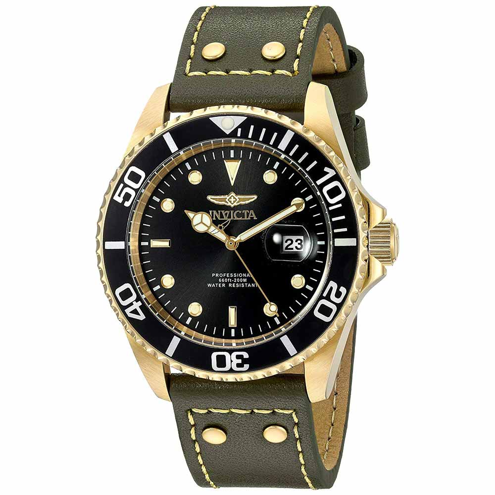 Reloj Invicta Pro Diver 22075 Fecha Correa de Cuero Verde Dial Negro
