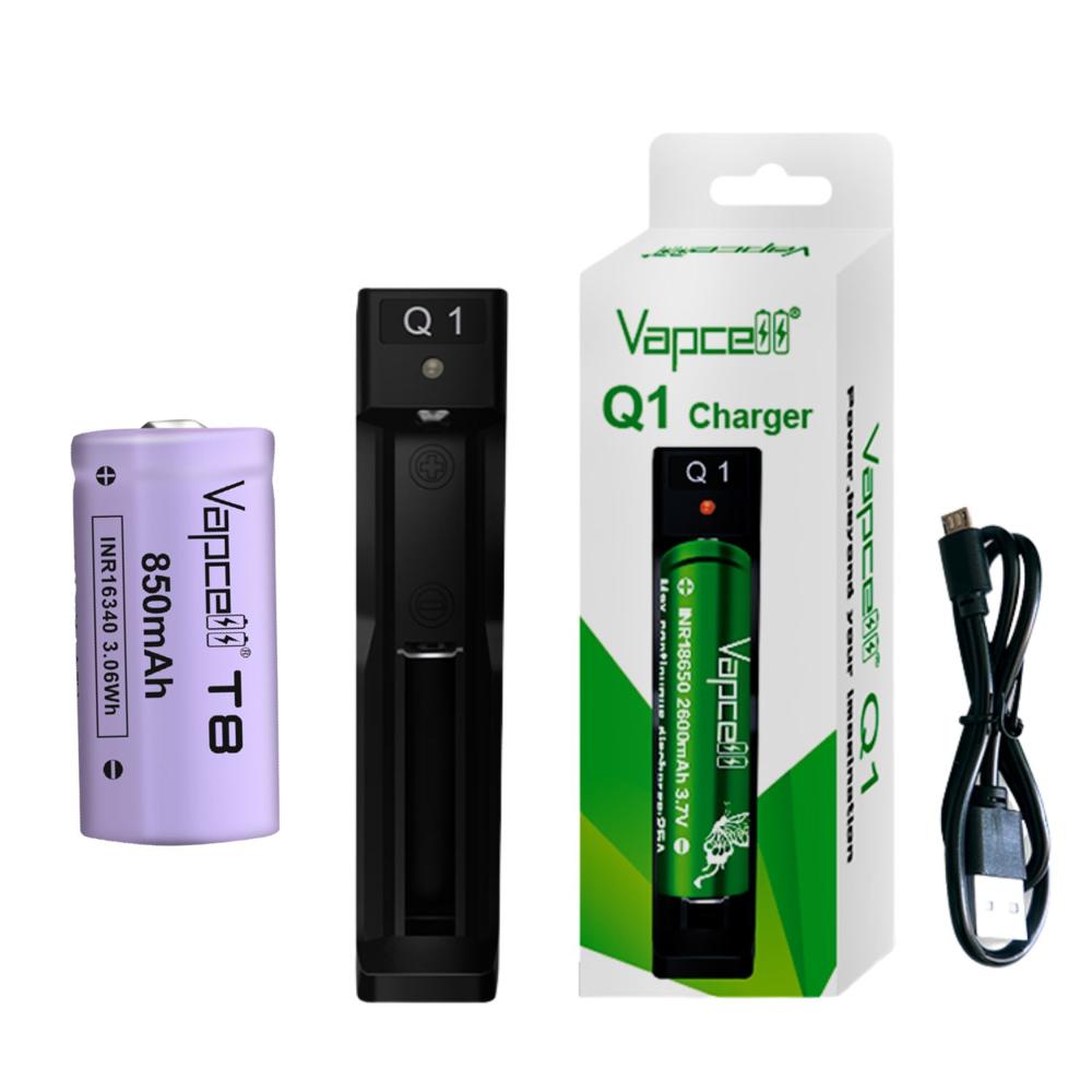 Kit Vapcell Q1 Cargador y Batería 16340 T8 850mAh 3.7V RCR123A