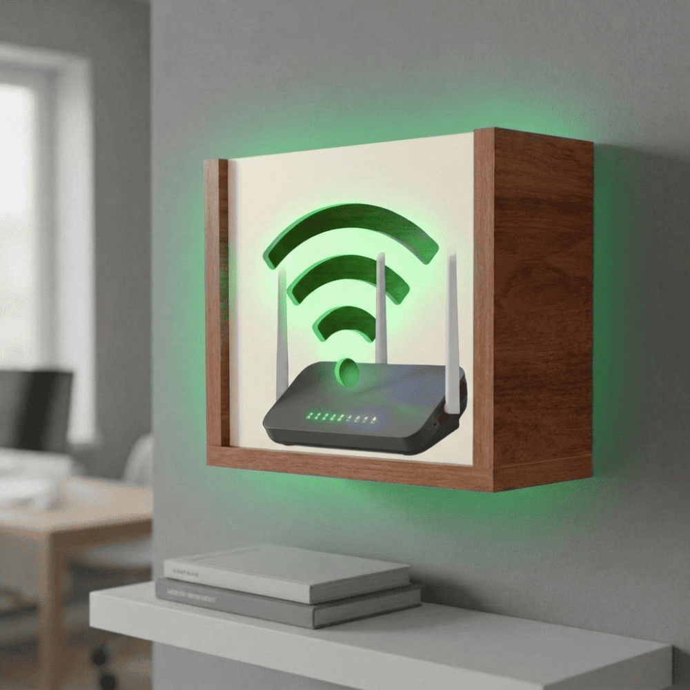 Organizador flotante de melamina para modem o router Wifi.  Cedro