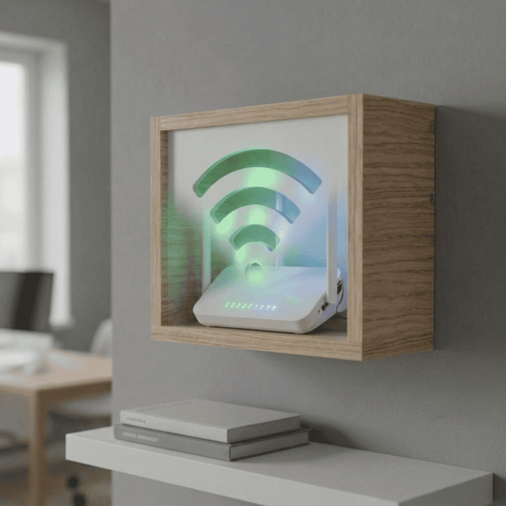 Organizador flotante de melamina para modem o router Wifi.  Cartagena