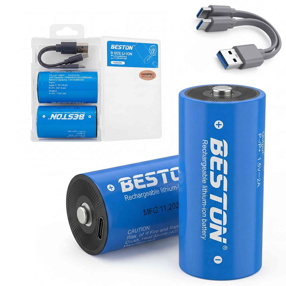 Kit de Pilas Recargables Tipo D Litio Beston USB-C 1.5V 7200mWh 4200mAh Pack x2
