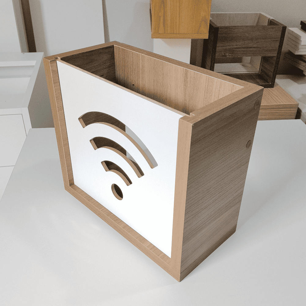 Organizador flotante de melamina para modem o router Wifi.  Espresso