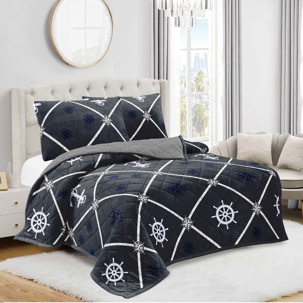 Cobertor Edredon 3 Piezas Piel de Angel con Carnero Estampado en Bolsa Ziploc Gris