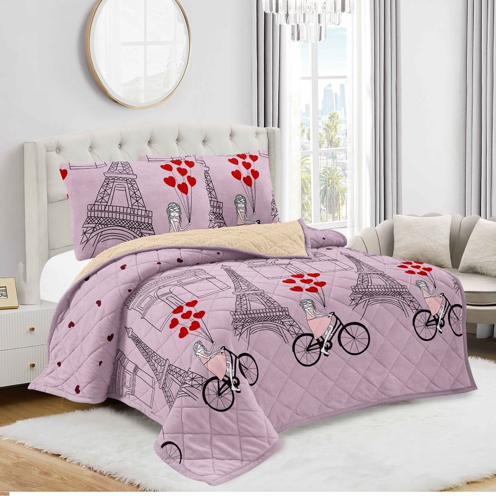 Cobertor Edredon 3 Piezas Piel de Angel con Carnero Estampado en Bolsa Ziploc Lila