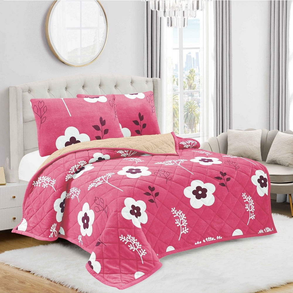 Cobertor Edredon 3 Piezas Piel de Angel con Carnero Estampado en Bolsa Ziploc Rosado