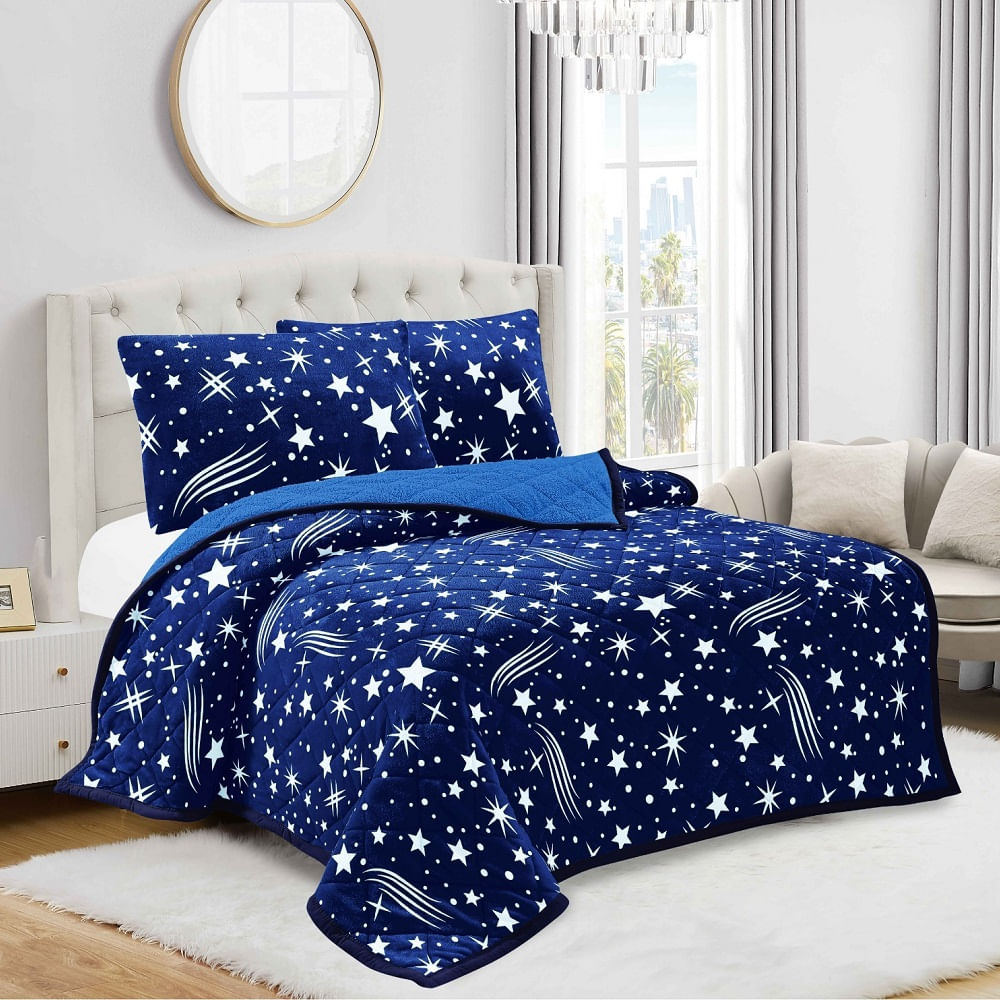Cobertor Edredon 3 Piezas Piel de Angel con Carnero Estampado en Bolsa Ziploc Azul
