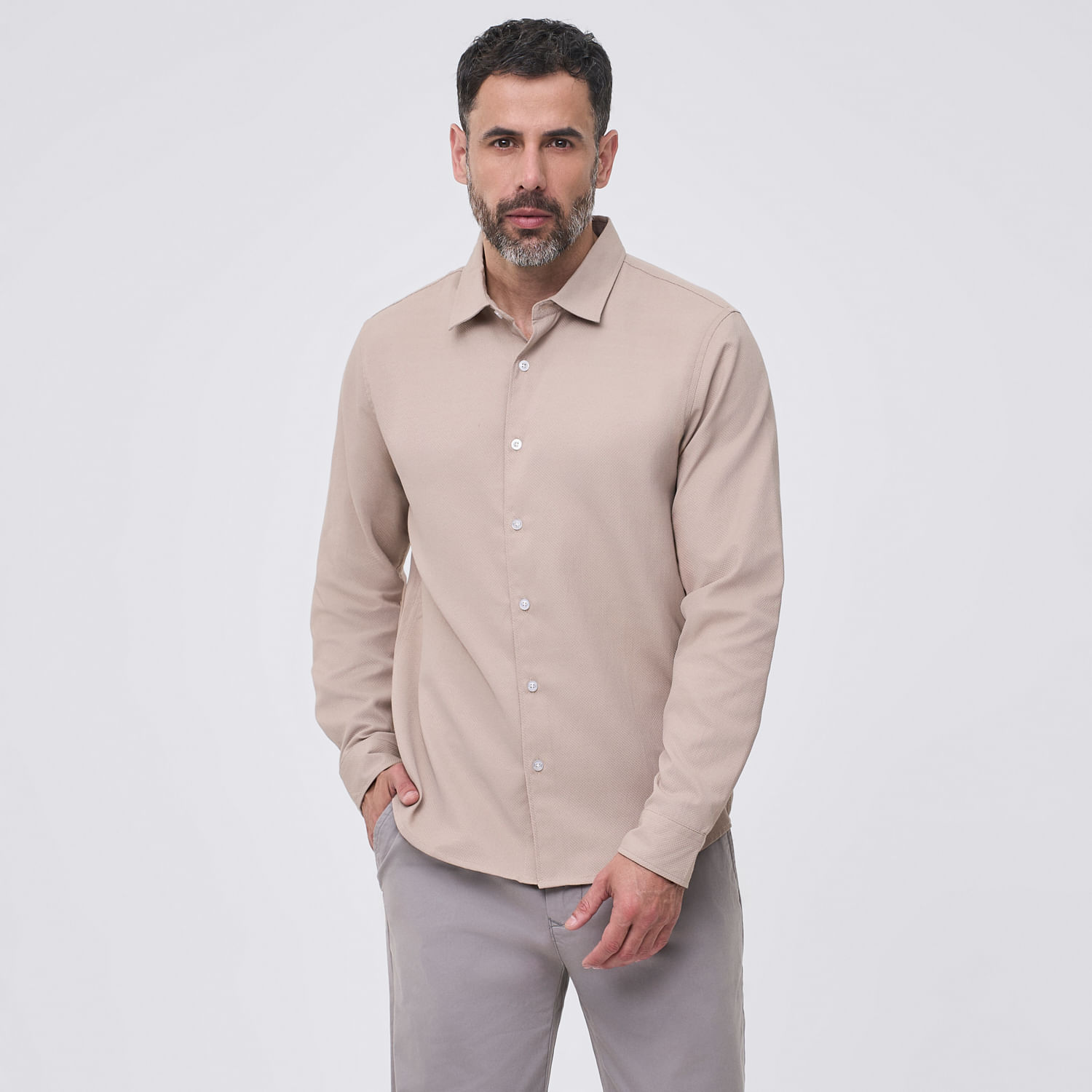 Camisa Manga Larga Hombre Textura Madison Beige Talla S