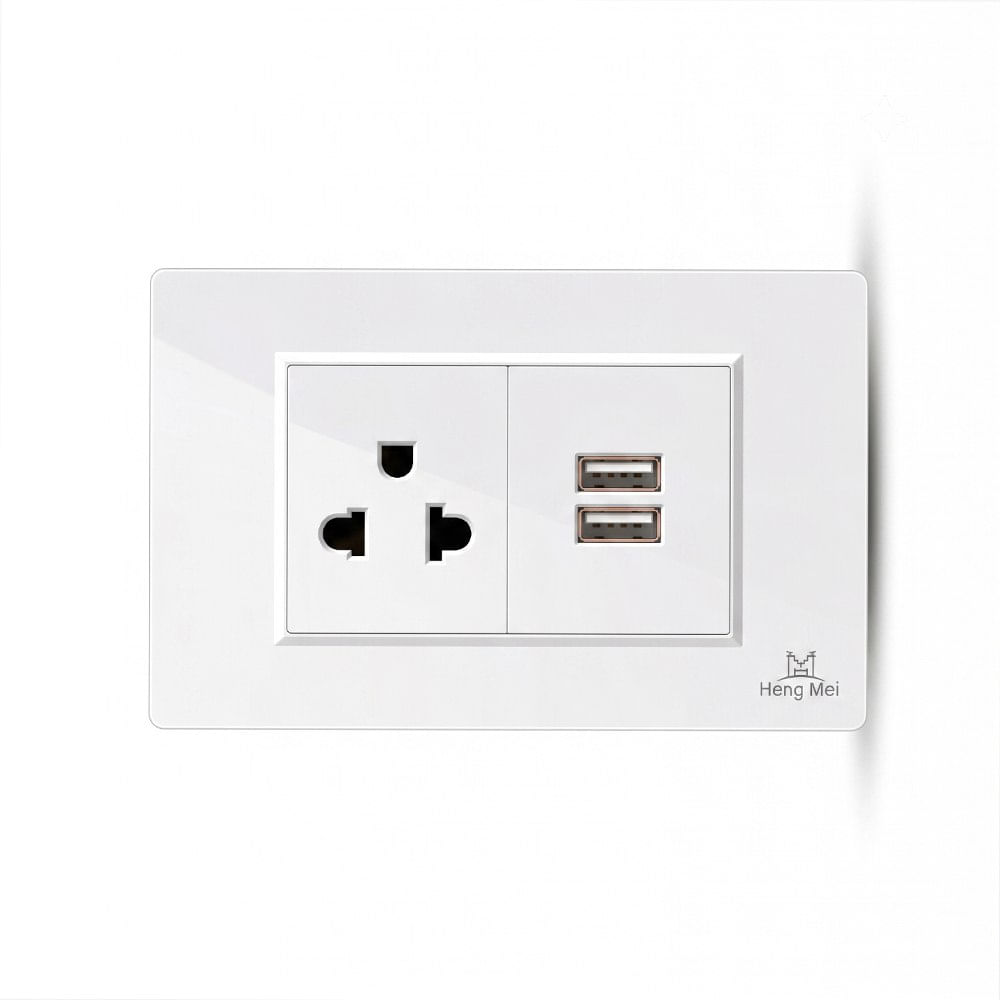 Tomacorriente de Pared Universal Heng Mei con Doble Puerto USB-A 15A 127V-250V Blanco