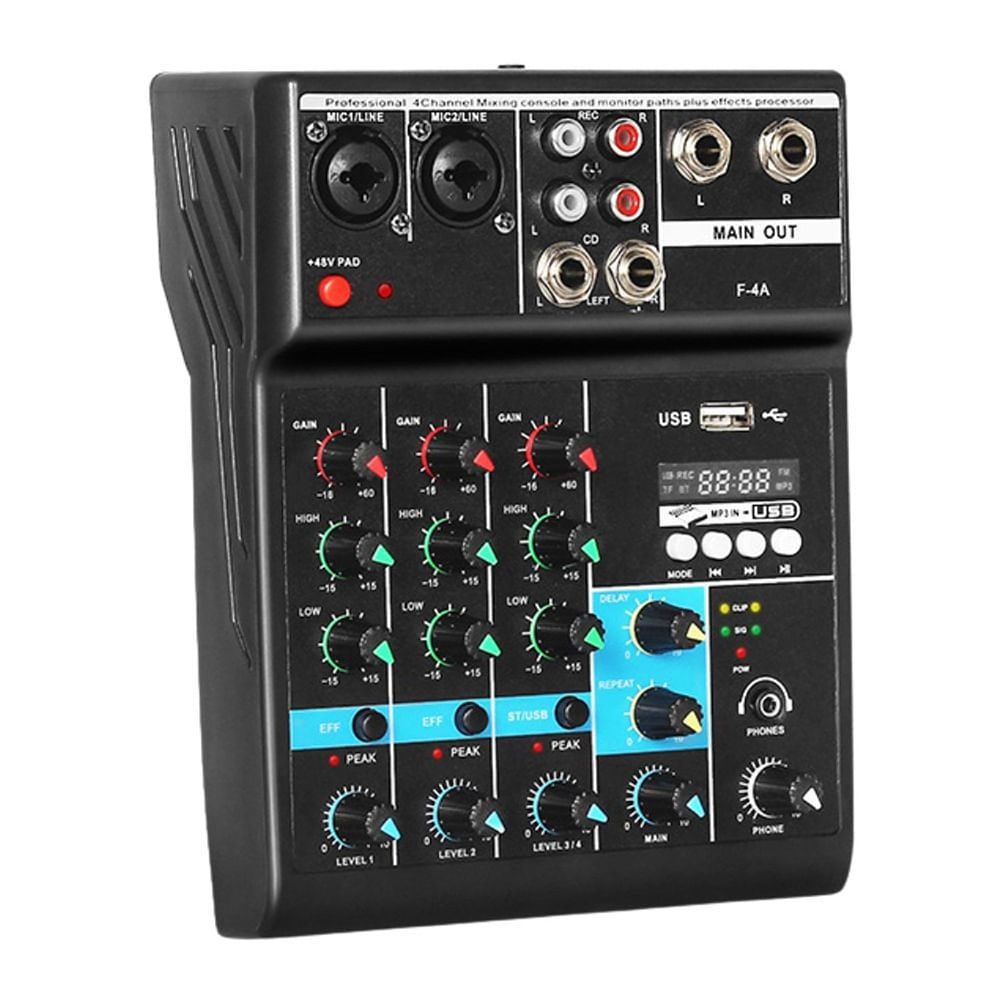 Consola Mezcladora de Audio Profesional 4 Canales Bluetooth USB Phantom 48V Tarjeta de Sonido F-4A