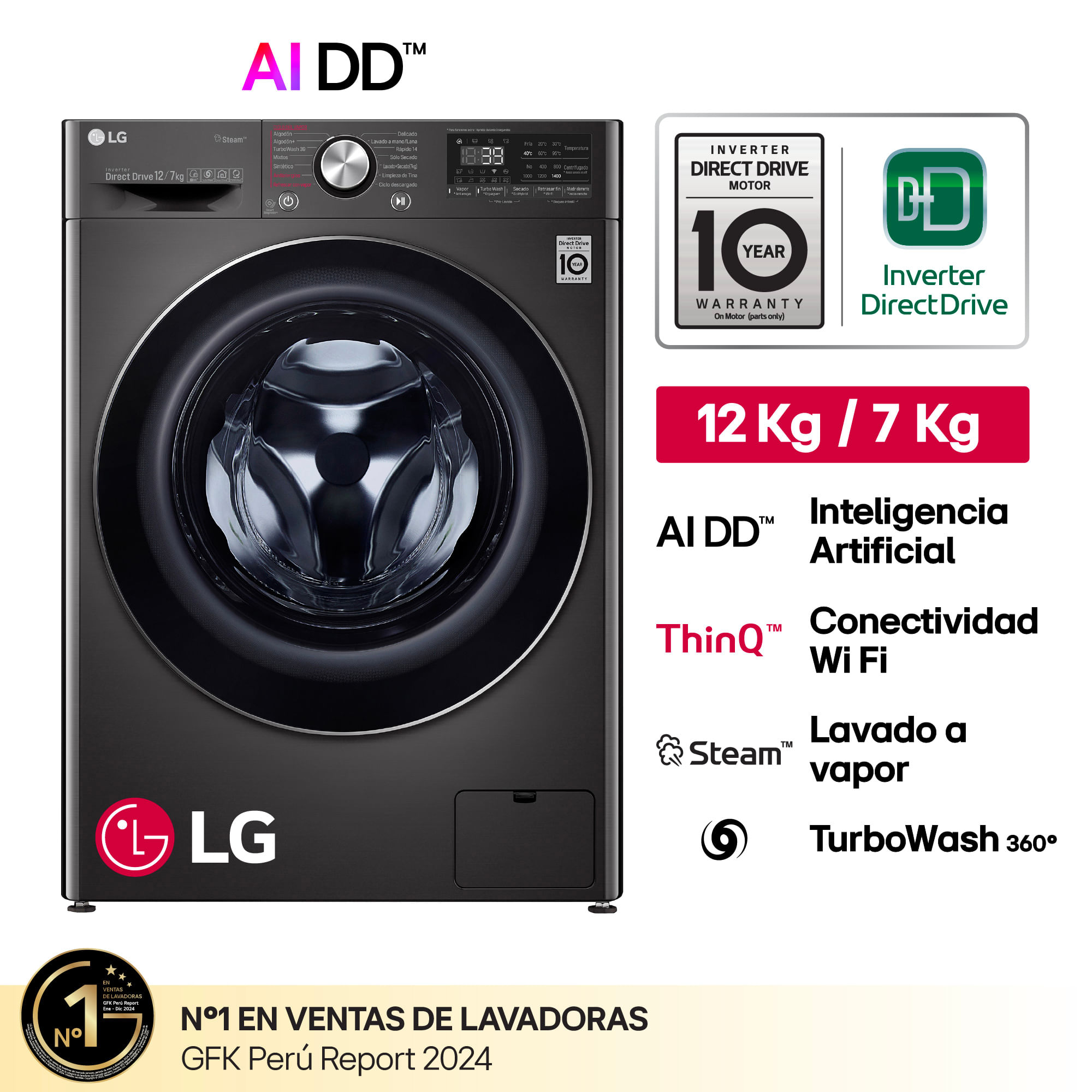 Lavaseca LG Carga Frontal 12Kg/7Kg WD12BVC2S6C Negro