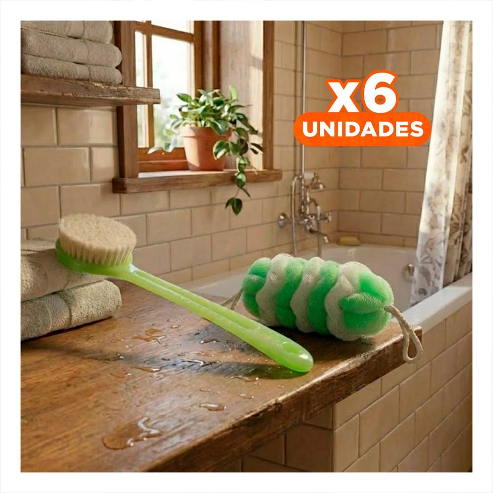 Pack6 Accesorios Funcionales para Ducha con Esponja y Cepillo en Verde Y Regalo Sticker