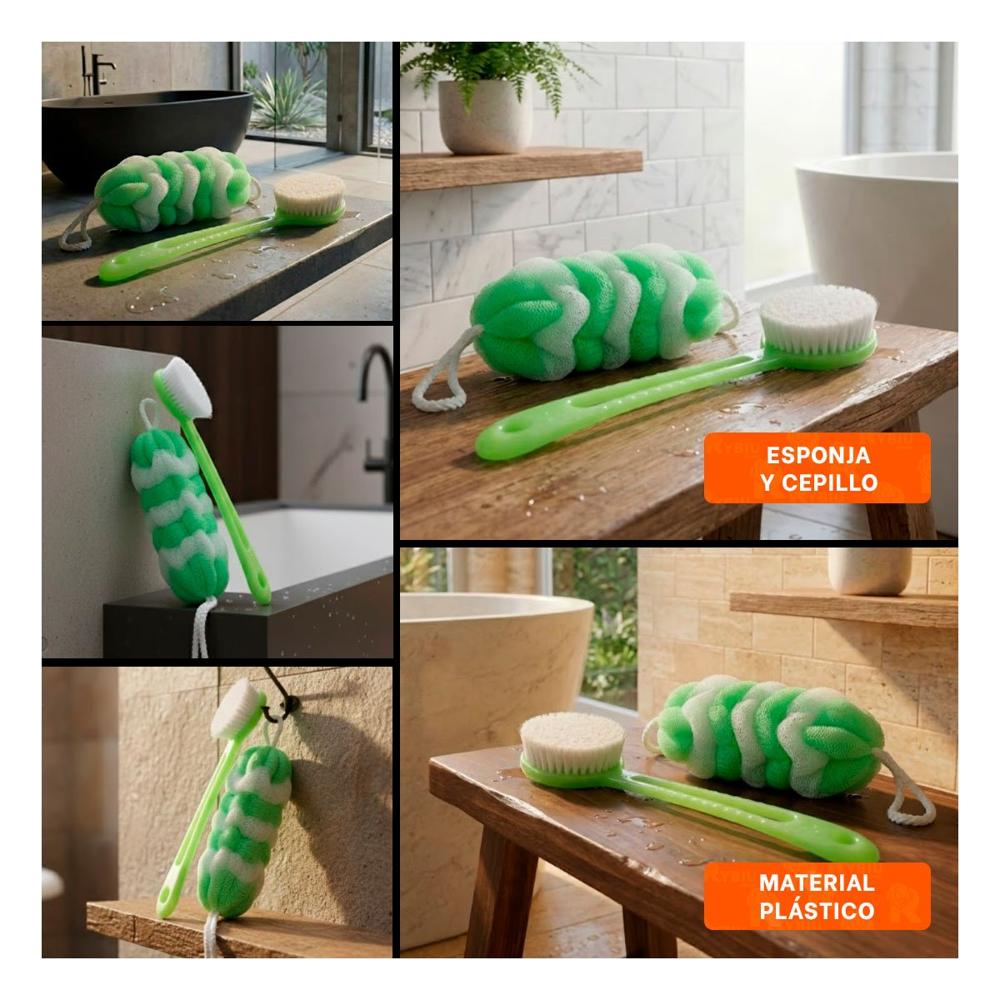 Kit de Ducha con Esponja y Cepillo en Color Verde para Limpieza Corporal Diaria