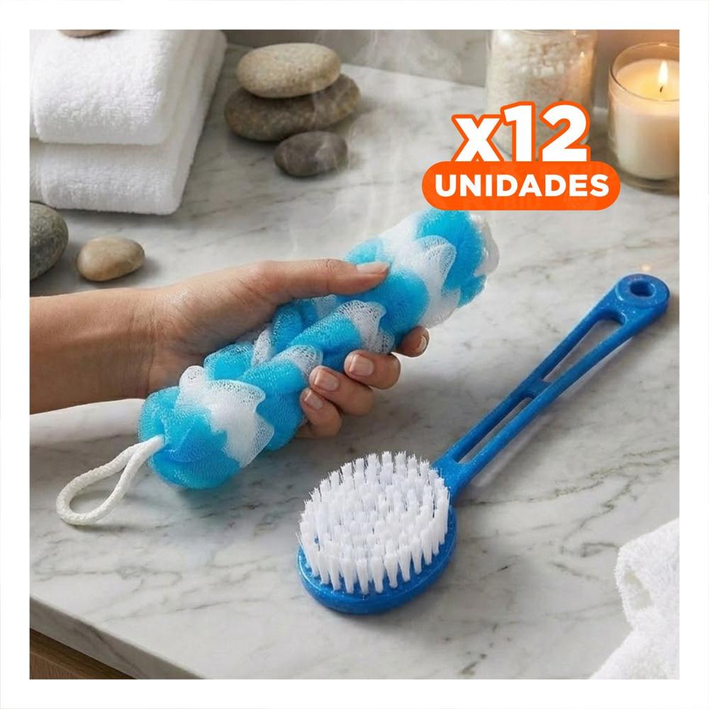 Pack12 Accesorios Practicos de Ducha con Esponja y Cepillo en Celeste Y Papel Regalo