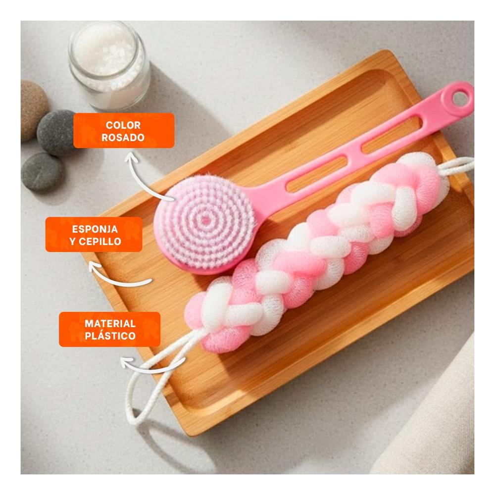 Kit Funcional de Ducha con Esponja y Cepillo en Color Rosado Domestico Y Regalo Sticker