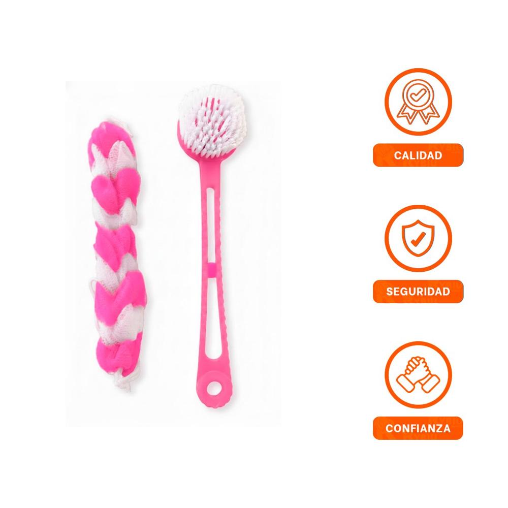 Kit Practico para Ducha con Esponja y Cepillo en Rosado de Uso Diario Y Ligas Regalo