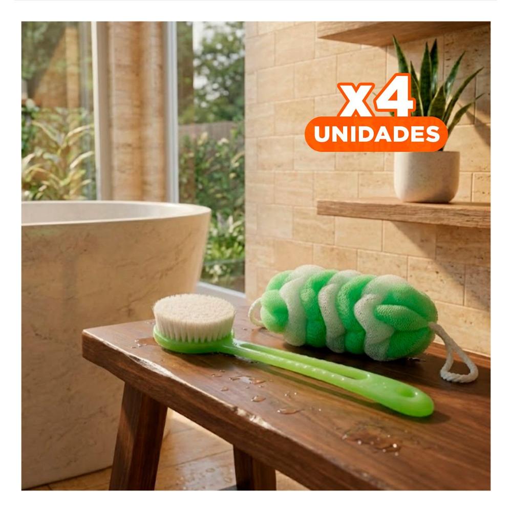 Pack4 Set Basico para Ducha con Esponja y Cepillo en Verde para Higiene Personal