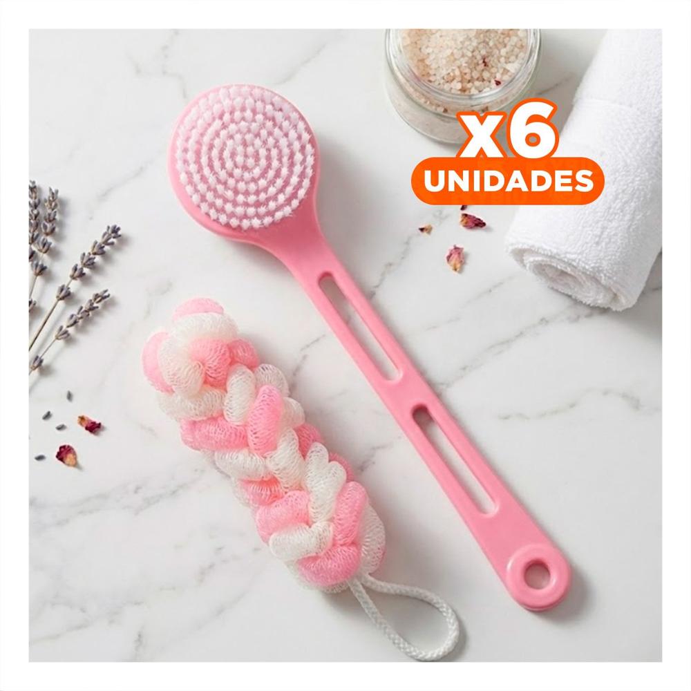 Pack6 Accesorios Funcionales para Ducha con Esponja y Cepillo en Rosado Y Regalo Sticker