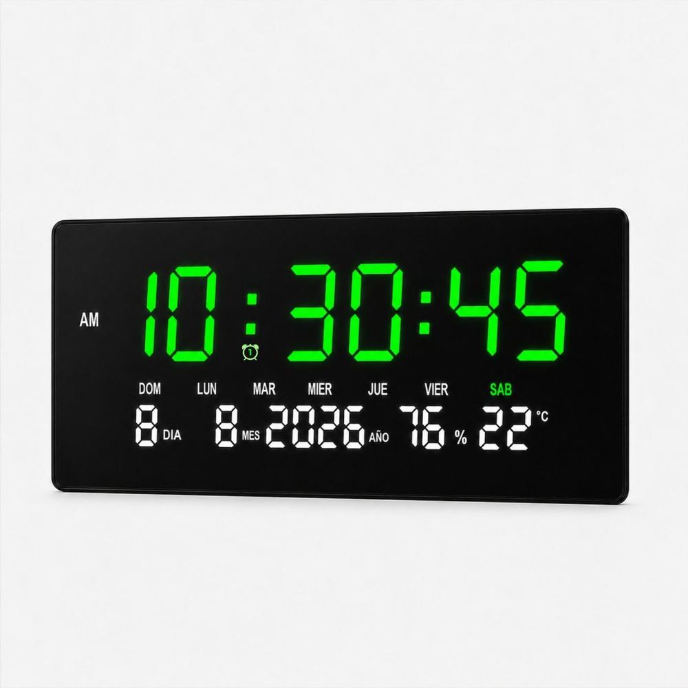 Reloj Digital Grande con Fecha, Temperatura y Humedad Pared Verde