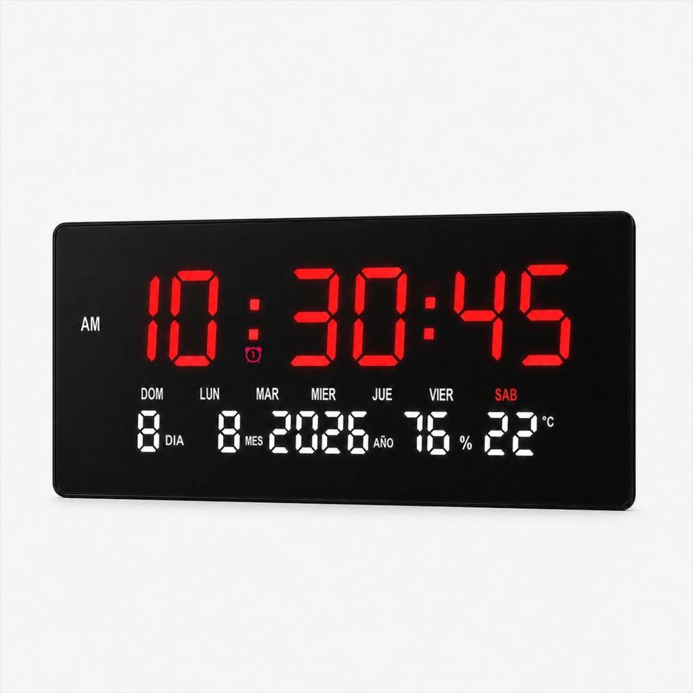 Reloj Digital Grande con Fecha, Temperatura y Humedad Pared Rojo