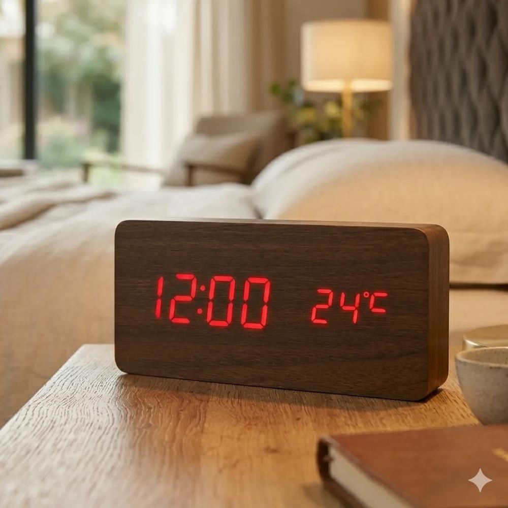 RELOJ LED ESTILO MADERA COLOR MARRON OSCURO.