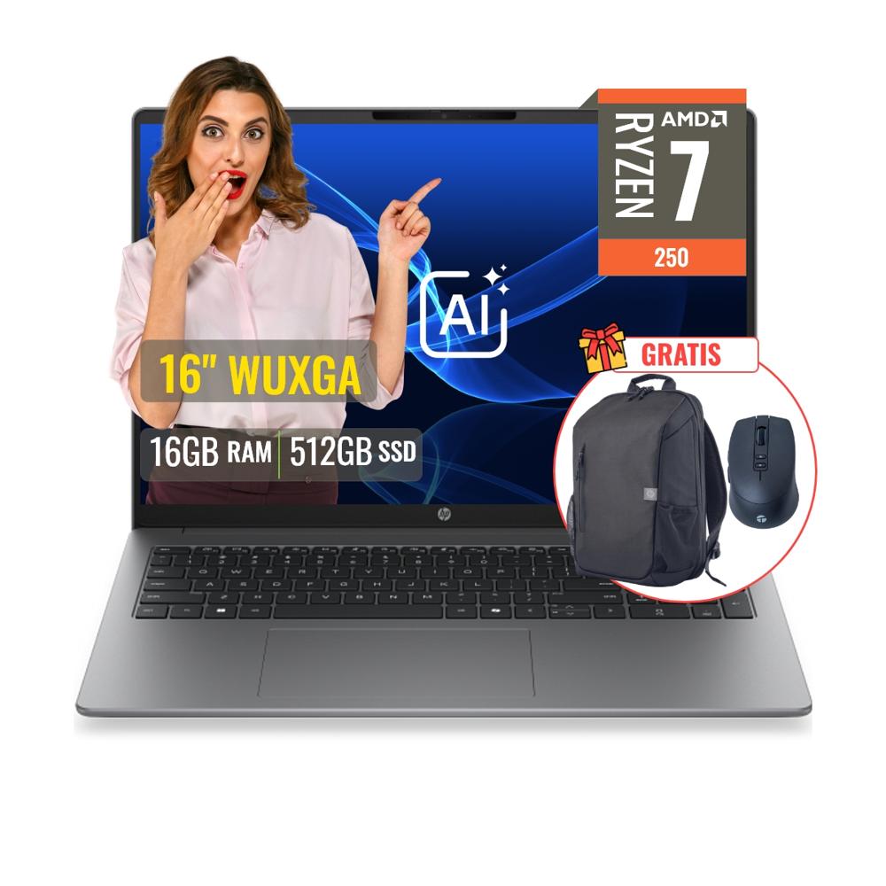 Combo Laptop HP 200 G2a AMD Ryzen 7 16GB DDR5 512GB SSD Con IA 16 WUXGA + Mochila y Mouse D61MFLTK