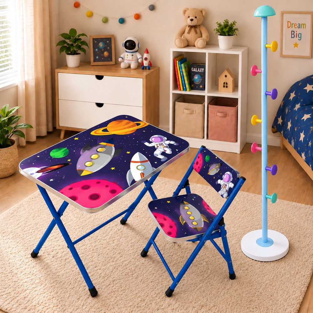 Set Para Niño Infantil 3 Piezas. Mesa Plegable - Silla Plegable - Perchero Hongo 1.70 m