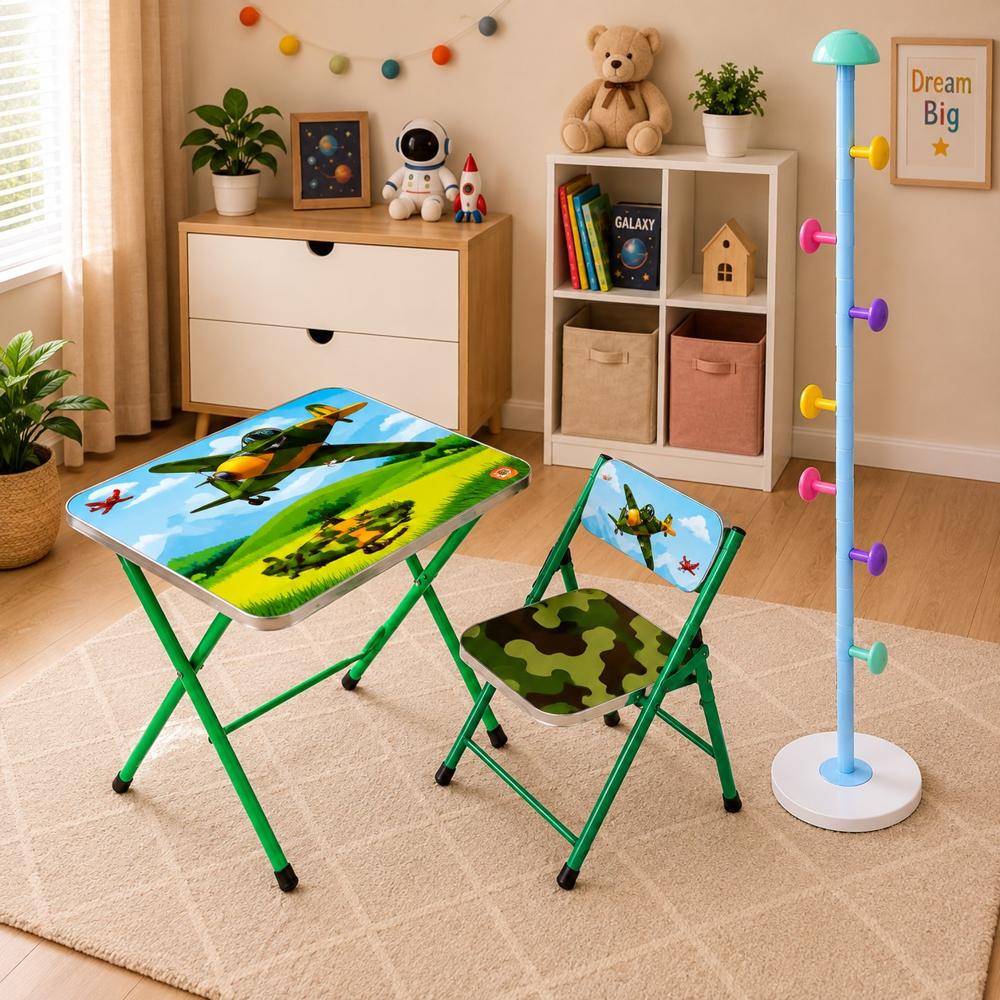 Set Infantil 3 Piezas Para Niño Mesa Plegable - Silla Plegable - Perchero Hongo 1.70 m