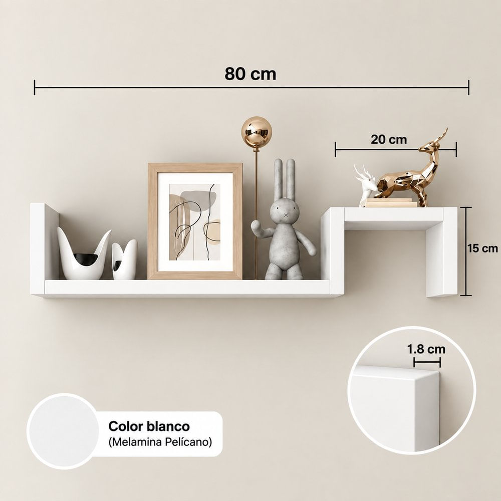 Repisa flotante de melamine para hogar 80x15x1.8 cm Blanco