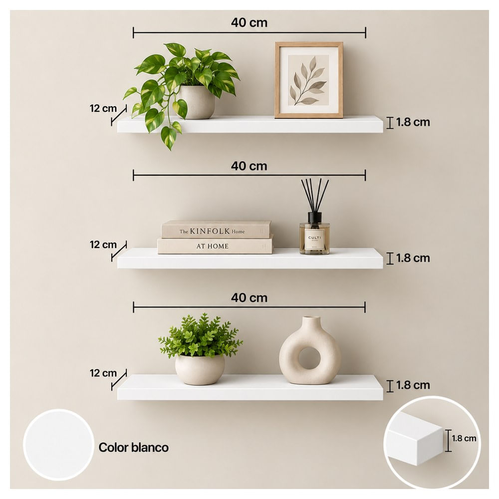 Pack de 3 repisas rectas de melamine 40x12x1.8 cm Blanco
