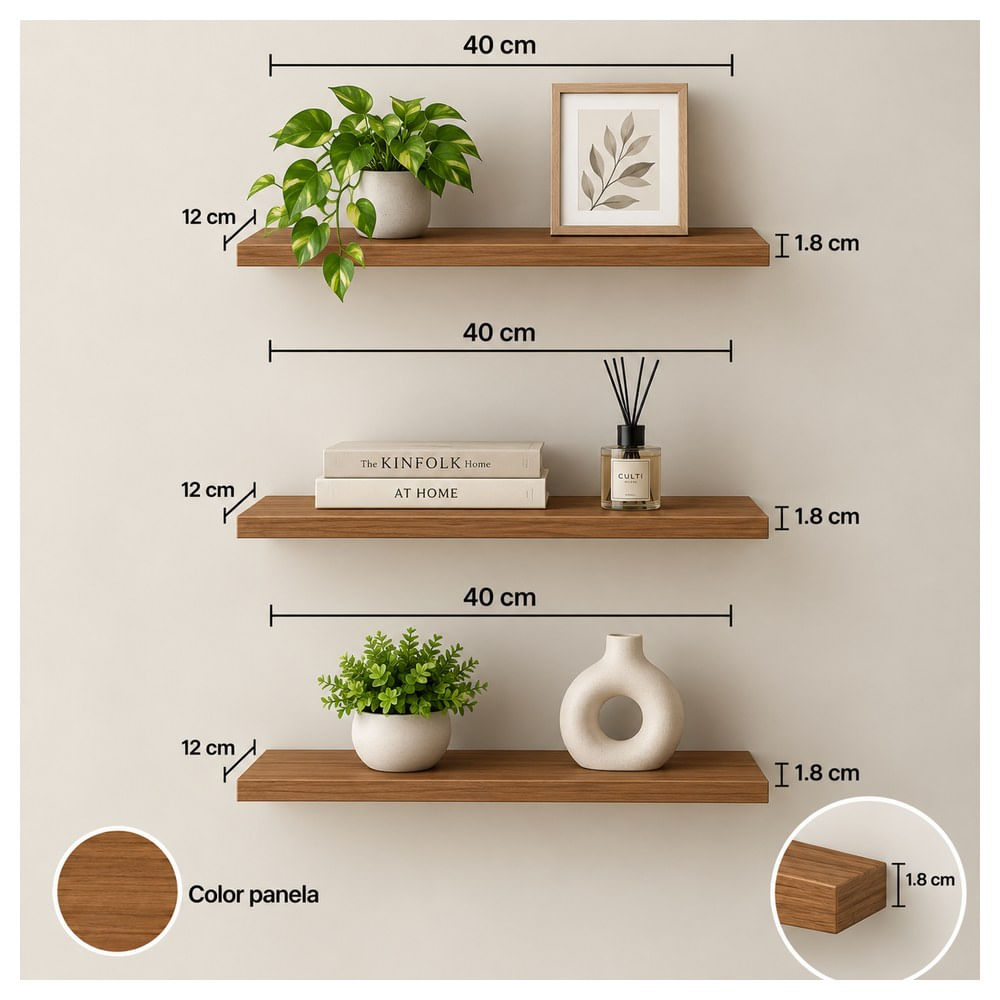 Pack de 3 repisas rectas de melamine 40x12x1.8 cm Panela