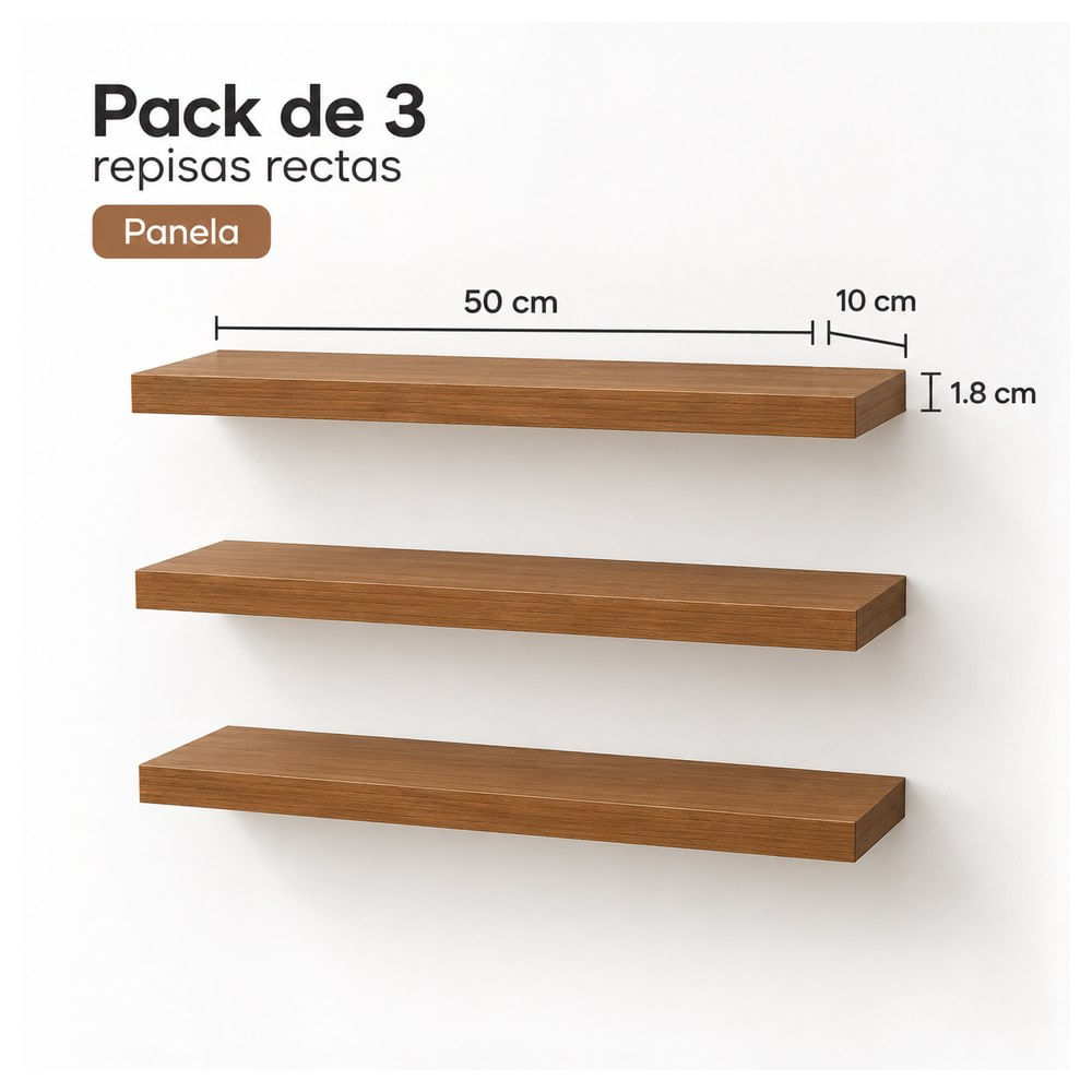 Pack de 3 repisas rectas de melamine 50x10x1.8 cm Panela