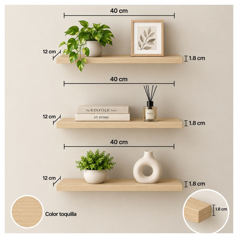 Pack de 3 repisas rectas de melamine 40x12x1.8 cm Toquilla