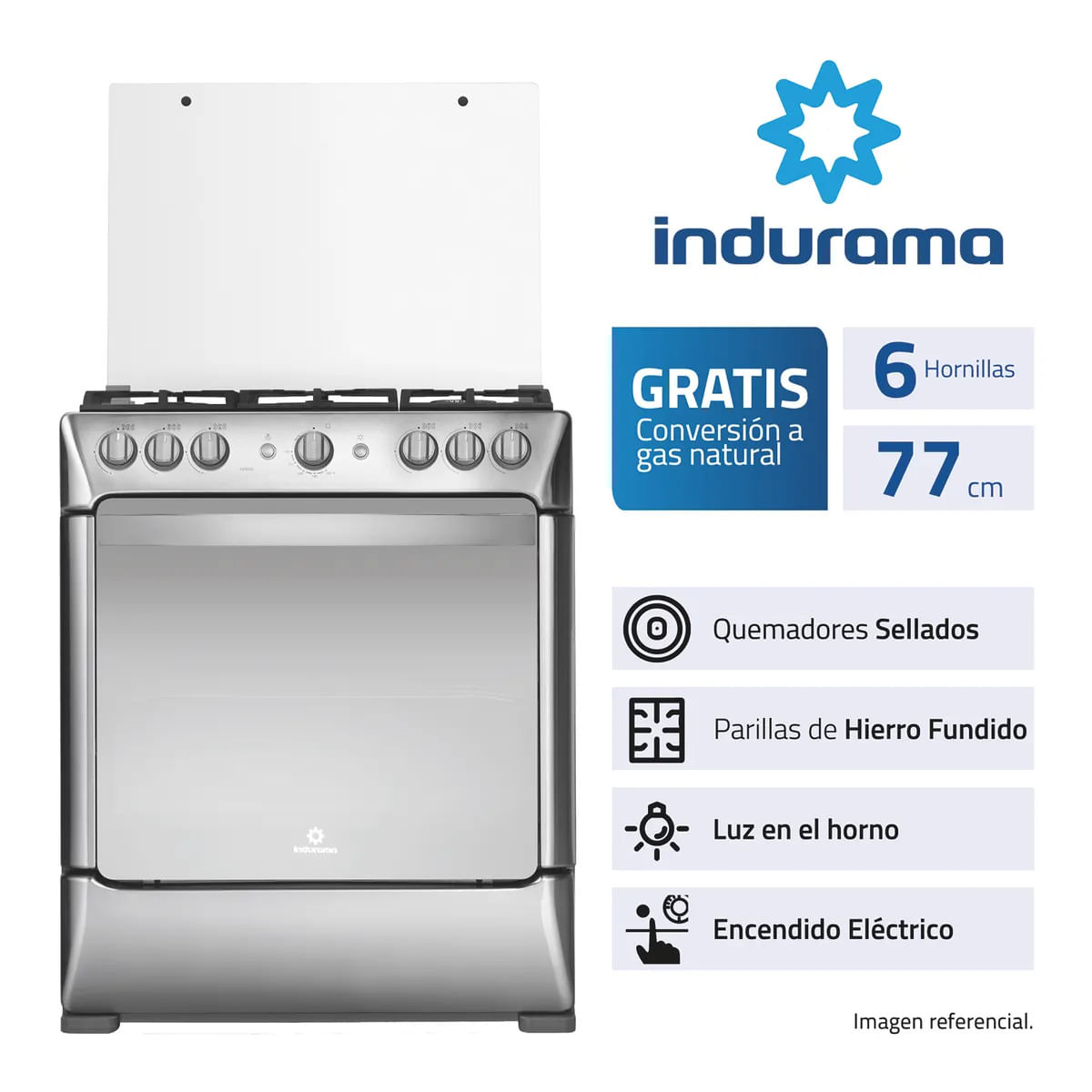 COCINA A GAS GLP Y GN INDURAMA 6 HORNILLAS PARMA ZAF DE PIE